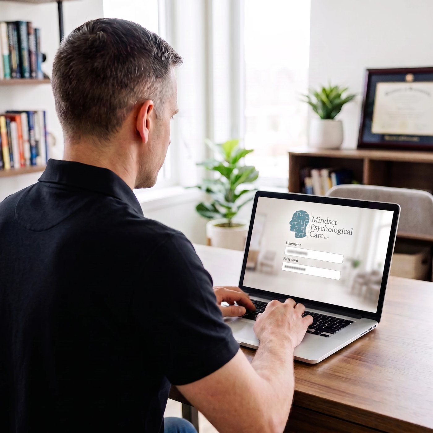 Logging in to the secure Mindset Psychological Care client portal from a home office