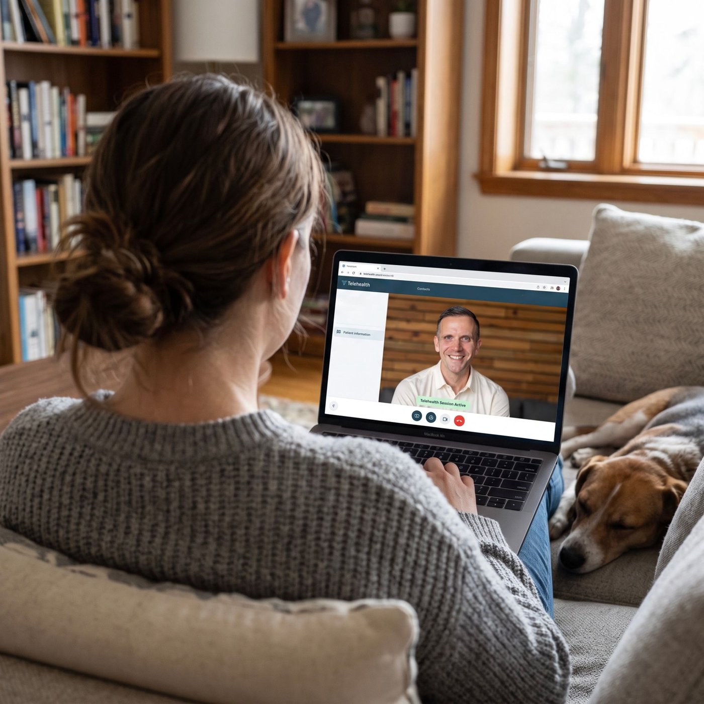 A client relaxing on the couch with her dog during a telehealth session